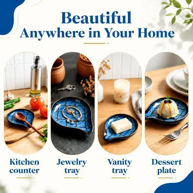 Alt view image 6 of 7 - Ceramic Spoon Rest for Stove Top, Large Spoon Holder for Kitchen Counter | Heat Resistant Utensil Rest for Spatulas, Ladles & Tongs, Farmhouse Kitchen Decor, Reactive Glaze Blue