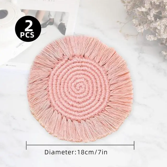 Alt view image 2 of 6 - 2 PCS Handmade Boho Coasters,100% Cotton Woven Macrame Absorbent Coaster for Drinks,Heat Resistant Cotton Coasters for Coffee Table,Desk Kitchen Dining Room Kitchen,Housewarming Gift