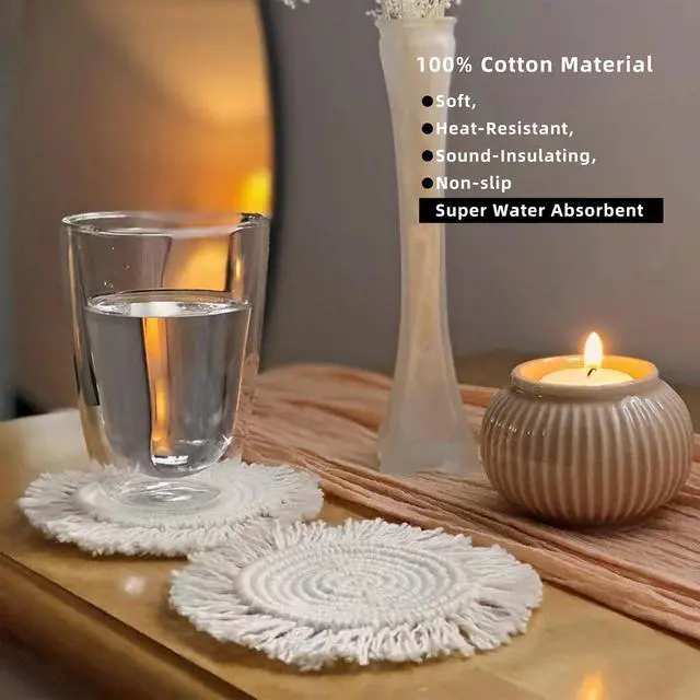 Alt view image 3 of 6 - 2 PCS Handmade Boho Coasters,100% Cotton Woven Macrame Absorbent Coaster for Drinks,Heat Resistant Cotton Coasters for Coffee Table,Desk Kitchen Dining Room Kitchen,Housewarming Gift