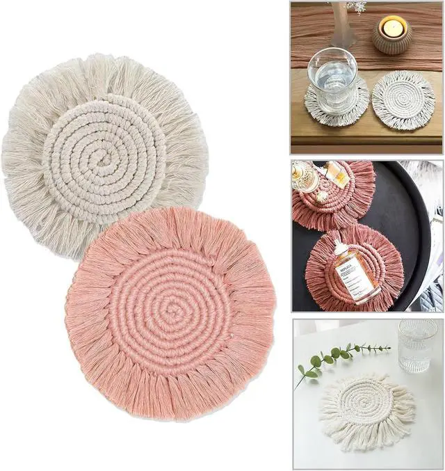 Alt view image 4 of 6 - 2 PCS Handmade Boho Coasters,100% Cotton Woven Macrame Absorbent Coaster for Drinks,Heat Resistant Cotton Coasters for Coffee Table,Desk Kitchen Dining Room Kitchen,Housewarming Gift
