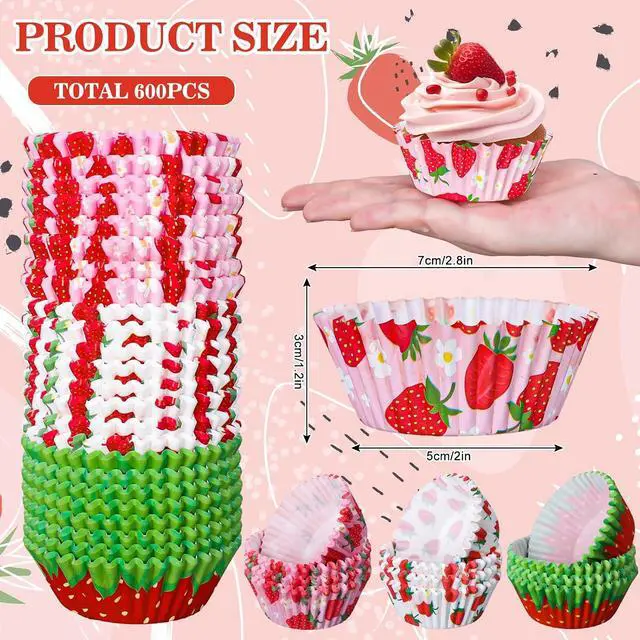 Alt view image 2 of 7 - Whaline 600Pcs Strawberry Cupcake Liners Summer Colorful Baking Cups Cute Fruit Theme Cupcake Wrappers Holders Muffin Liners for Holiday Bridal Baby Shower Wedding Birthday Party Decor