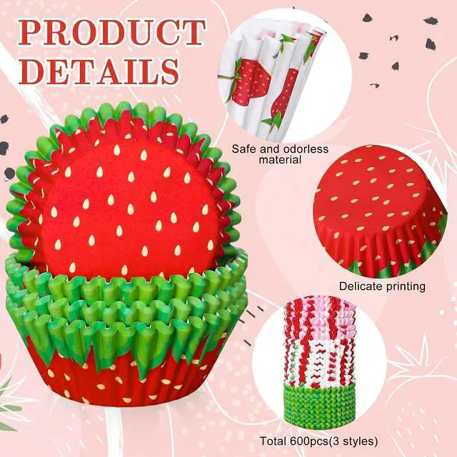 Alt view image 3 of 7 - Whaline 600Pcs Strawberry Cupcake Liners Summer Colorful Baking Cups Cute Fruit Theme Cupcake Wrappers Holders Muffin Liners for Holiday Bridal Baby Shower Wedding Birthday Party Decor