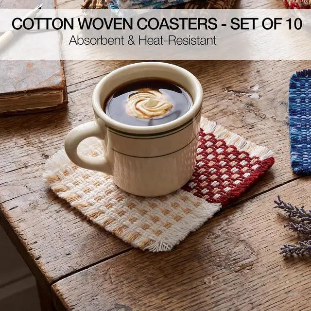 Alt view image 3 of 7 - Set of 10 Fabric Drink Coasters, Handcrafted Cotton Woven Coasters for Table, Coastal Farmhouse Table Decor for Coffee Tea Cocktails, Absorbent Soft Desk Coasters for Kitchen Office, Housewarming Gift