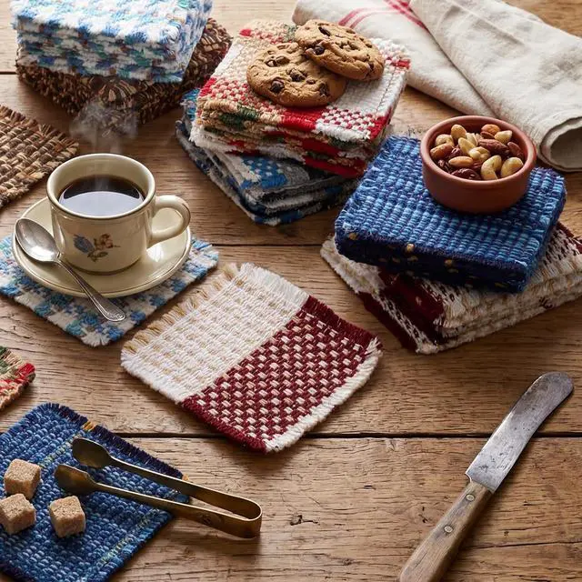 Alt view image 4 of 7 - Set of 10 Fabric Drink Coasters, Handcrafted Cotton Woven Coasters for Table, Coastal Farmhouse Table Decor for Coffee Tea Cocktails, Absorbent Soft Desk Coasters for Kitchen Office, Housewarming Gift