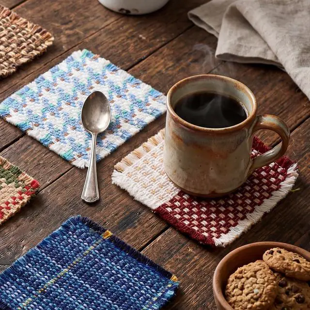 Alt view image 5 of 7 - Set of 10 Fabric Drink Coasters, Handcrafted Cotton Woven Coasters for Table, Coastal Farmhouse Table Decor for Coffee Tea Cocktails, Absorbent Soft Desk Coasters for Kitchen Office, Housewarming Gift