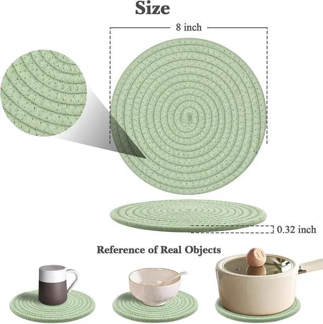 Alt view image 2 of 6 - Trivets for Hot Dishes, 4 Pot Holders for Kitchen, Heat Resistant Mats for Countertop, 8 Inch Hot Pads for Hot Pots and Pans, Coaster, Home Essentials, Rustic Farmhouse Decor (Green)
