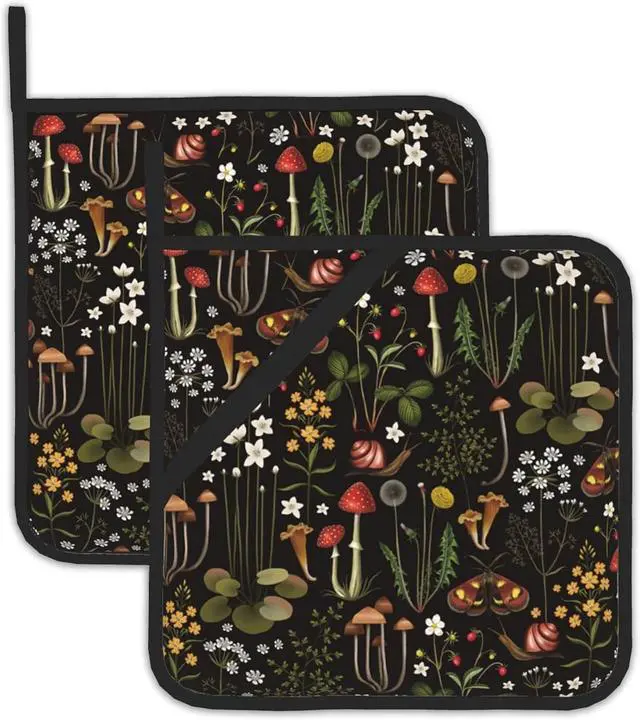 Main image of Retro Mushroom Pot Holders Set of 2, Kitchen Heat Resistant Forest Plant Moth Potholder for Microwave Cooking Baking Oven End Dishes and BBQ