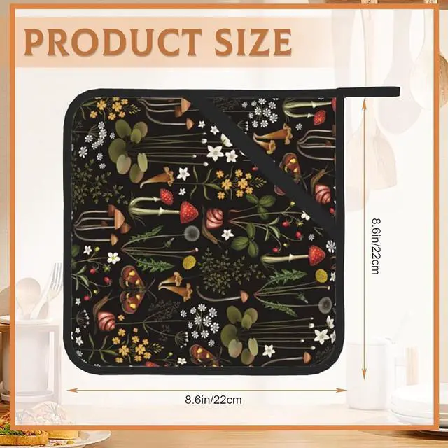 Alt view image 2 of 7 - Retro Mushroom Pot Holders Set of 2, Kitchen Heat Resistant Forest Plant Moth Potholder for Microwave Cooking Baking Oven End Dishes and BBQ