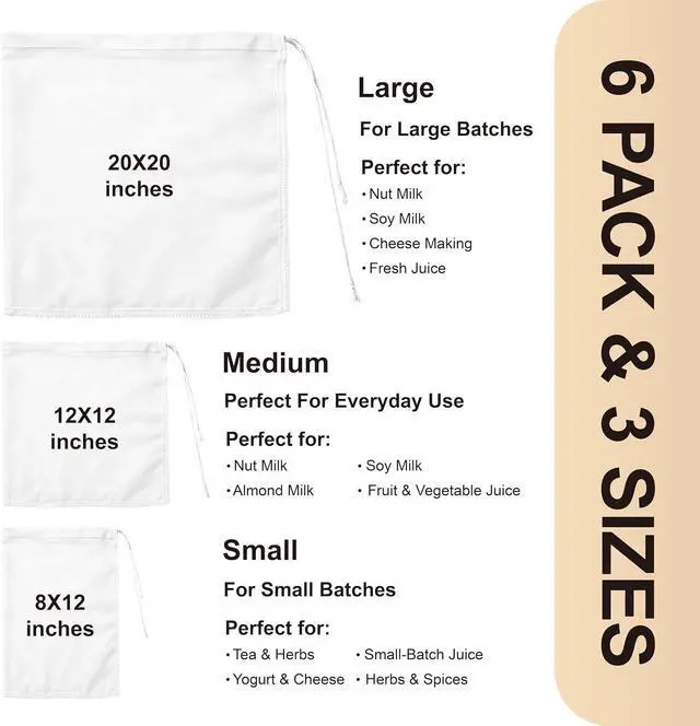 Alt view image 2 of 7 - Reusable Nut Milk Bag 6 Pack, 3 Sizes Fine Mesh Strainer Bags (20"x20", 12"x12", 12"x8"), Nylon Filter Bags for Almond Milk, Juice, Cheese Making, Cold Brew Coffee & Yogurt