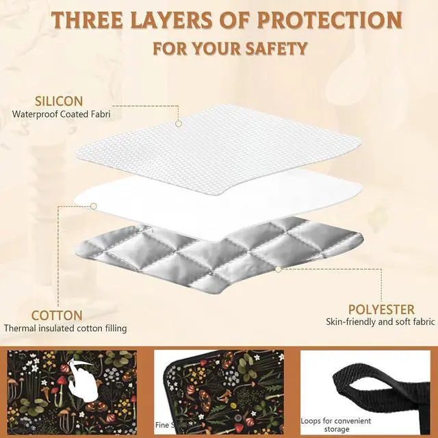 Alt view image 3 of 7 - Retro Mushroom Pot Holders Set of 2, Kitchen Heat Resistant Forest Plant Moth Potholder for Microwave Cooking Baking Oven End Dishes and BBQ
