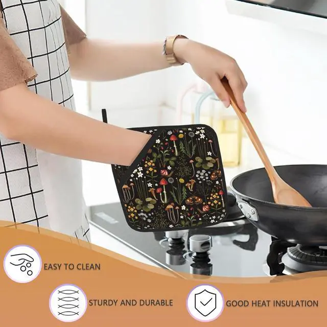 Alt view image 4 of 7 - Retro Mushroom Pot Holders Set of 2, Kitchen Heat Resistant Forest Plant Moth Potholder for Microwave Cooking Baking Oven End Dishes and BBQ