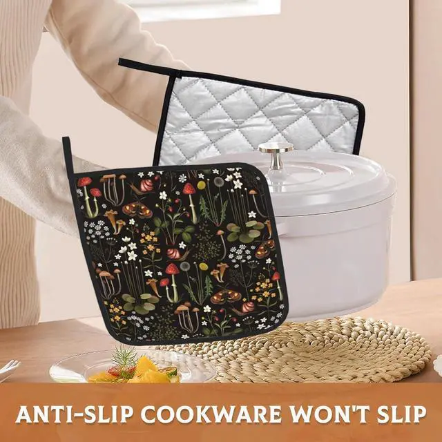 Alt view image 5 of 7 - Retro Mushroom Pot Holders Set of 2, Kitchen Heat Resistant Forest Plant Moth Potholder for Microwave Cooking Baking Oven End Dishes and BBQ