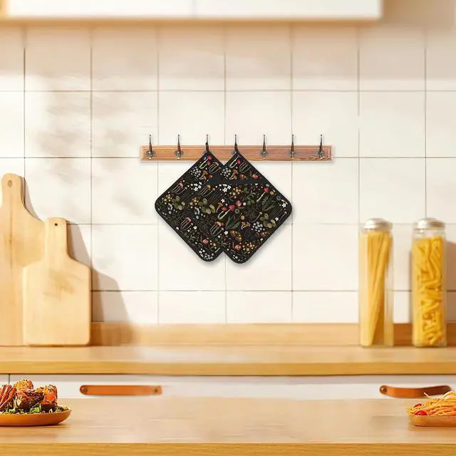 Alt view image 6 of 7 - Retro Mushroom Pot Holders Set of 2, Kitchen Heat Resistant Forest Plant Moth Potholder for Microwave Cooking Baking Oven End Dishes and BBQ