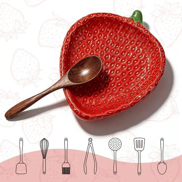 Alt view image 3 of 6 - Ceramic Strawberry Spoon Rest Stove Utensil Stand | 5.3"x6.6" Cute Countertop Holder for Spatula Ladle, Red Kitchen Tabletop Ornament, Cooking Tool Caddy