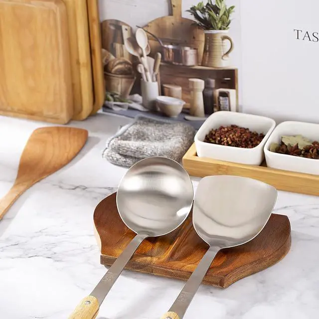 Alt view image 2 of 7 - Wooden Spoon Holder, Large Double Wooden Spoon Rest for Stove Top | Double-Utensil Capacity, Natural Acacia Wood Grain, Wood Utensil Rack, Kitchen Spoon Holder , Non-Slip Silicone Feet