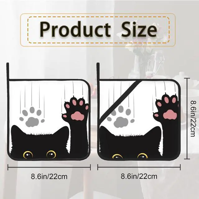 Alt view image 2 of 7 - Cute Funny Black Cat Pot Holder Set of 2,Heat Resistant Potholders Oven Hot Pads for Kitchen Cooking Baking BBQ