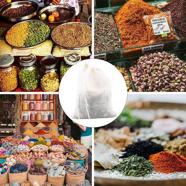 Alt view image 5 of 5 - 30 Pcs Spice Bags for Cooking, 3.86x3.15 Inch Reusable Drawstring Muslin Soup Empty Tea Bags Straining Filter Cheesecloth Sachet for Spices Tea Loose Coffee Seasoning Herbs Stew Gravy