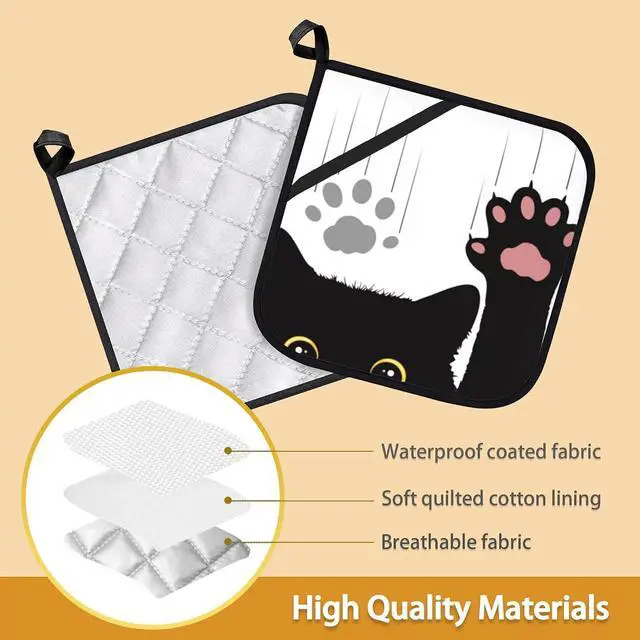 Alt view image 3 of 7 - Cute Funny Black Cat Pot Holder Set of 2,Heat Resistant Potholders Oven Hot Pads for Kitchen Cooking Baking BBQ