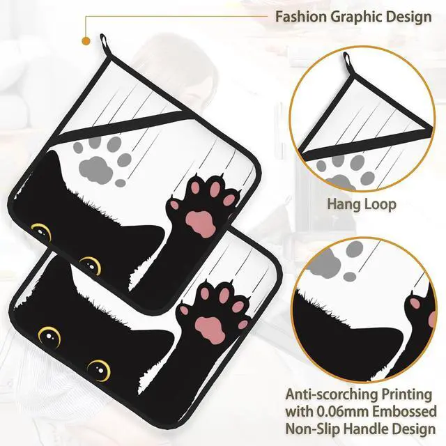 Alt view image 4 of 7 - Cute Funny Black Cat Pot Holder Set of 2,Heat Resistant Potholders Oven Hot Pads for Kitchen Cooking Baking BBQ