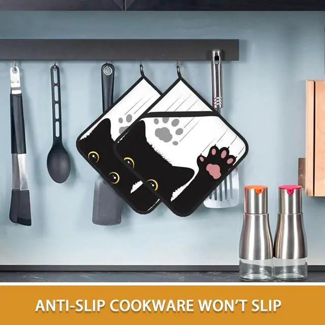 Alt view image 6 of 7 - Cute Funny Black Cat Pot Holder Set of 2,Heat Resistant Potholders Oven Hot Pads for Kitchen Cooking Baking BBQ