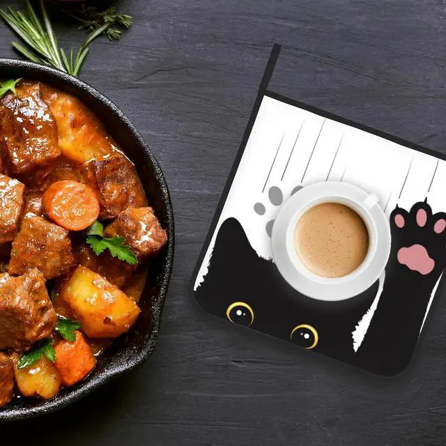Alt view image 5 of 7 - Cute Funny Black Cat Pot Holder Set of 2,Heat Resistant Potholders Oven Hot Pads for Kitchen Cooking Baking BBQ
