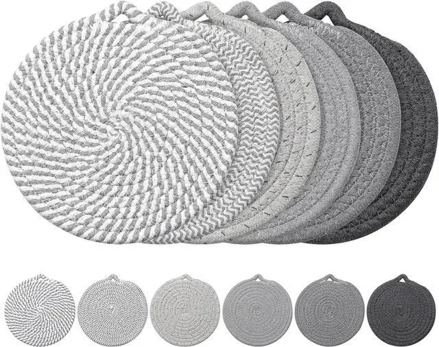 Main image of 7" Trivets for Hot Dishes, 6 Pack Trivets for Hot Pots and Pans | Cotton Hot Pads for Kitchen Counter and Countertops, Trivets for Quartz Countertops Resist heat, scratches & stains, Gray
