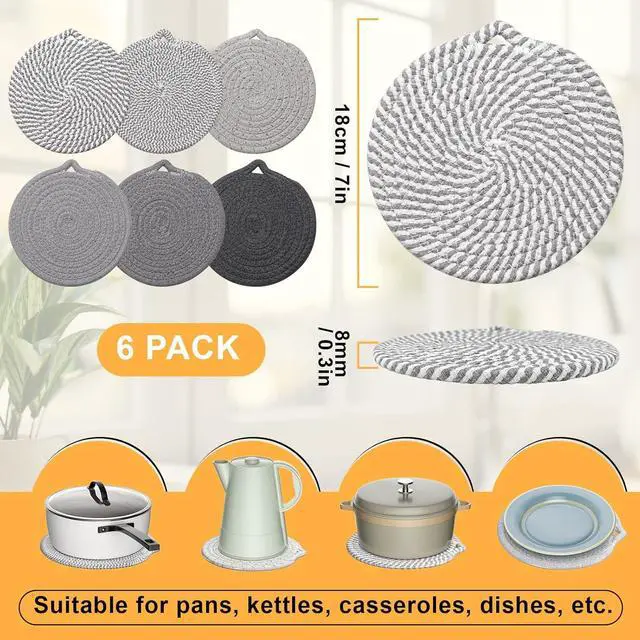 Alt view image 2 of 7 - 7" Trivets for Hot Dishes, 6 Pack Trivets for Hot Pots and Pans | Cotton Hot Pads for Kitchen Counter and Countertops, Trivets for Quartz Countertops Resist heat, scratches & stains, Gray