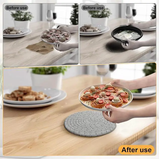 Alt view image 5 of 7 - 7" Trivets for Hot Dishes, 6 Pack Trivets for Hot Pots and Pans | Cotton Hot Pads for Kitchen Counter and Countertops, Trivets for Quartz Countertops Resist heat, scratches & stains, Gray