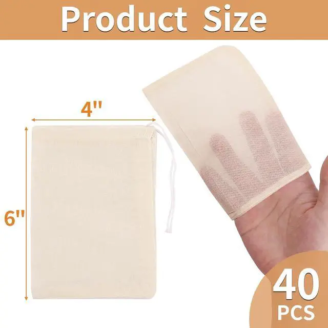 Alt view image 2 of 7 - 40 Pcs Spice Bags for Cooking, Muslin Reusable Tea Bag Drawstring Sachet | 4x6 Inch Unbleached Natural Cotton Bag for Soup, Loose Leaf Tea, Herb, Empty Cheese Cloth Bag for Straining