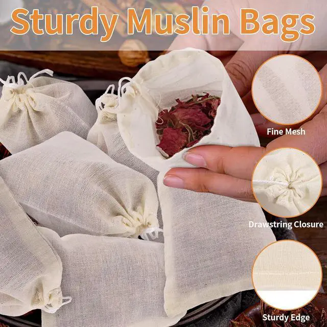 Alt view image 4 of 7 - 40 Pcs Spice Bags for Cooking, Muslin Reusable Tea Bag Drawstring Sachet | 4x6 Inch Unbleached Natural Cotton Bag for Soup, Loose Leaf Tea, Herb, Empty Cheese Cloth Bag for Straining
