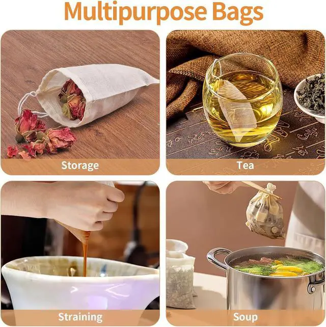 Alt view image 5 of 7 - 40 Pcs Spice Bags for Cooking, Muslin Reusable Tea Bag Drawstring Sachet | 4x6 Inch Unbleached Natural Cotton Bag for Soup, Loose Leaf Tea, Herb, Empty Cheese Cloth Bag for Straining