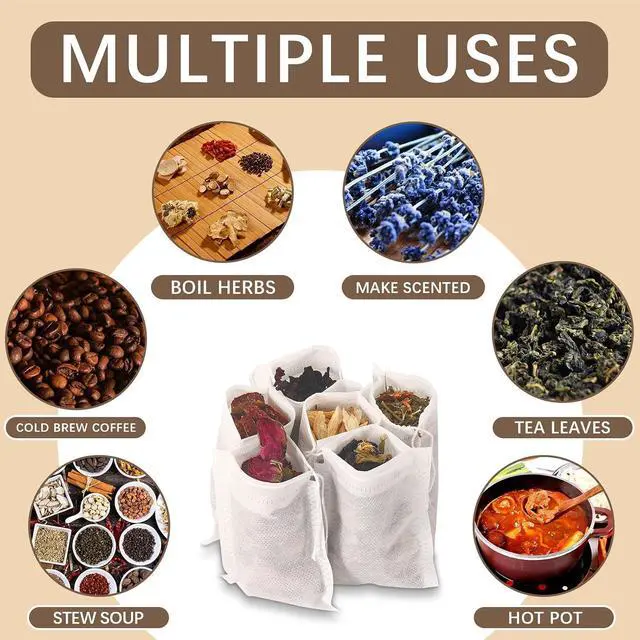 Alt view image 7 of 7 - 300 Pcs Empty Tea Bags for Loose Leaf Tea, Disposable Small tea Filter Bags with Drawstring fillable Cloth Diy Empty Tea Sachets for Loosetea, Coffee, Herbs, Spice (3.54 x 2.75 inch)