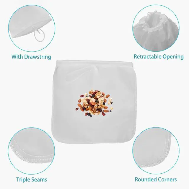 Alt view image 3 of 6 - 2 Pack Reusable 150 Micron Fine Mesh Bag Nut Milk Bag, Nylon Nut Bag Strainer for Straining FruitJuice,Apple Grape Wine Press,NutMilk,Yogrut,Doufu,Almond, Coffee with Drawstring (11.8x11.8in)