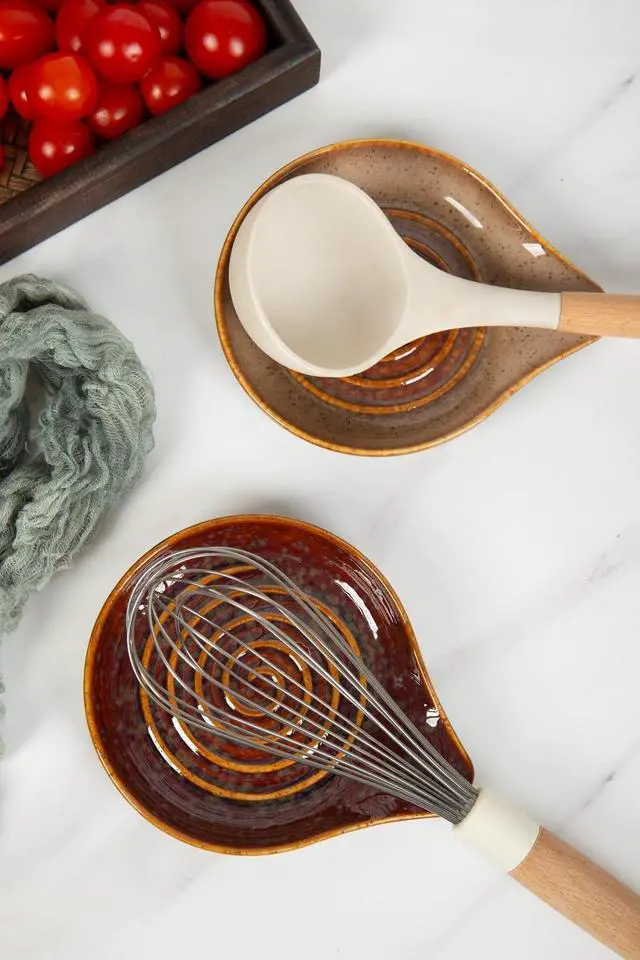 Alt view image 3 of 6 - Ceramic Spoon Rest for Stove Top,Large Spoon Holder, Cooking Utensil Rest for Kitchen Counter, Farmhouse Kitchen Accessories for Ladle, Spatula rest(6.3 Inch with handle) (Speckled Brown)