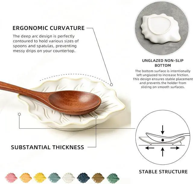 Alt view image 6 of 7 - Ceramic Leaf Spoon Rest, Spoon Holder for Stove Top & Coffee Bar | Leaf shape catches small drips from spoons and stirrers while adding a cute accent to stove tops, counters, and coffee bars