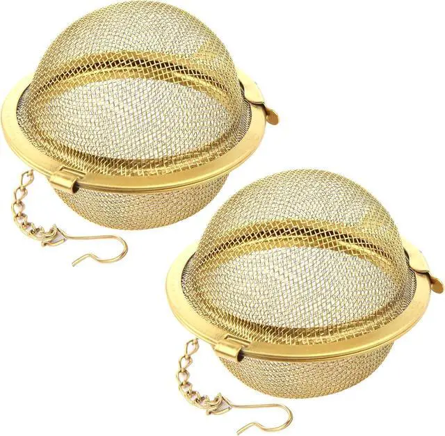 Main image of Luckyiren Tea Ball Infuser with Chain;; Premium Stainless Steel Fine Mesh Screen Tea Strainer Filters Colander Cullender Sieve Infusion Steeper Maker for Loose Leaf Tea Herbs, 2 Pieces, Golden