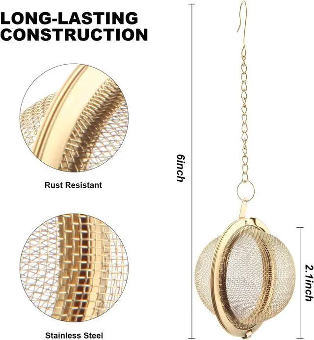 Alt view image 3 of 7 - Luckyiren Tea Ball Infuser with Chain;; Premium Stainless Steel Fine Mesh Screen Tea Strainer Filters Colander Cullender Sieve Infusion Steeper Maker for Loose Leaf Tea Herbs, 2 Pieces, Golden