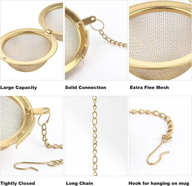 Alt view image 4 of 7 - Luckyiren Tea Ball Infuser with Chain;; Premium Stainless Steel Fine Mesh Screen Tea Strainer Filters Colander Cullender Sieve Infusion Steeper Maker for Loose Leaf Tea Herbs, 2 Pieces, Golden