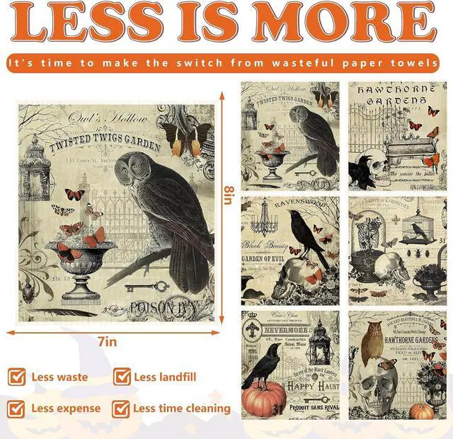 Alt view image 2 of 7 - Whaline 6Pcs Halloween Swedish Dishcloths Vintage Owl Crow Skull Cotton Kitchen Towels Reusable Absorbent Dish Towels for Home Party Housewarming Cleaning, 7 x 8 Inch