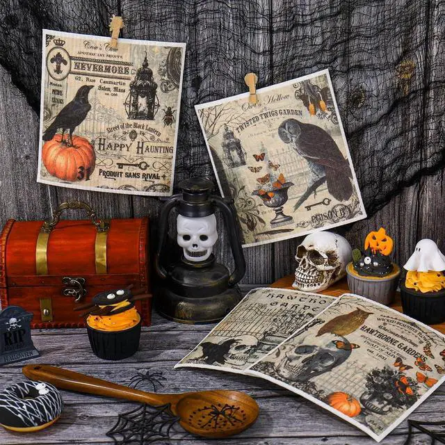 Alt view image 4 of 7 - Whaline 6Pcs Halloween Swedish Dishcloths Vintage Owl Crow Skull Cotton Kitchen Towels Reusable Absorbent Dish Towels for Home Party Housewarming Cleaning, 7 x 8 Inch