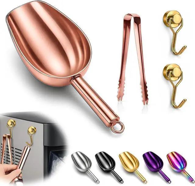 Main image of Stainless Steel Ice Scoop for Freezer with Magnetic Hook & Ice Tongs | Ice Scoop for GE Profile Opal 2.0 Nugget Ice Maker, for Kitchen Bar Party Accessories (6OZ- Rose Gold)