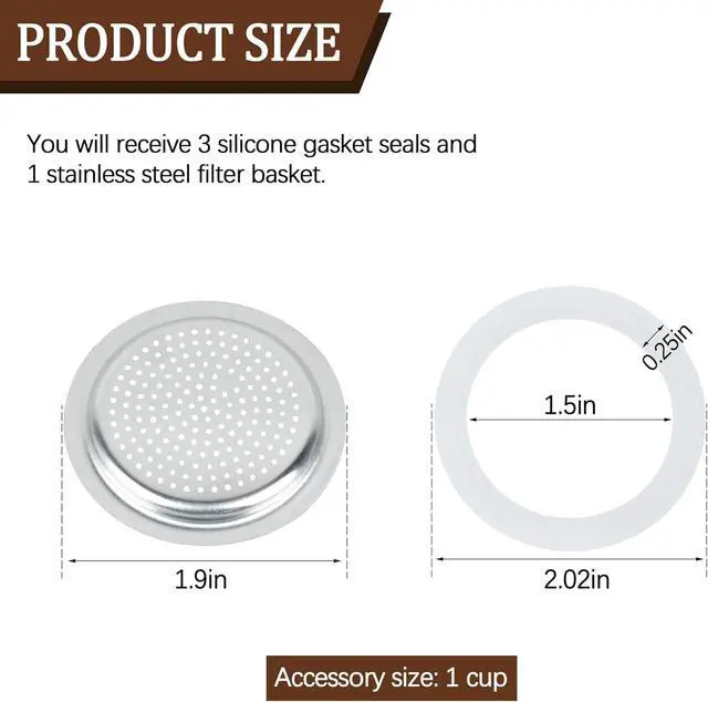 Alt view image 2 of 7 - Replacement Filter Set for 1 Cup Stove Top Espresso Maker Aluminum Filter | 3 Upgraded Silicone Sealing Rings, Silicone Rings, 1 Filter Included