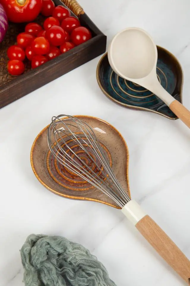 Alt view image 6 of 6 - Ceramic Spoon Rest for Stove Top,Large Spoon Holder, Cooking Utensil Rest for Kitchen Counter, Farmhouse Kitchen Accessories for Ladle, Spatula rest(6.3 Inch with handle) (Speckled Brown)