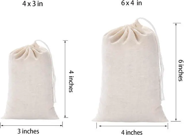 Alt view image 3 of 7 - 20 Pcs Natural Cotton Muslin Drawstring Bags, 6 x 4 Inches | Unbleached Cotton, Straining Herbs Cheesecloth, Coffee Tea Brew, Soup Gravy Broth Stew, Bone Broth & Spice Bags