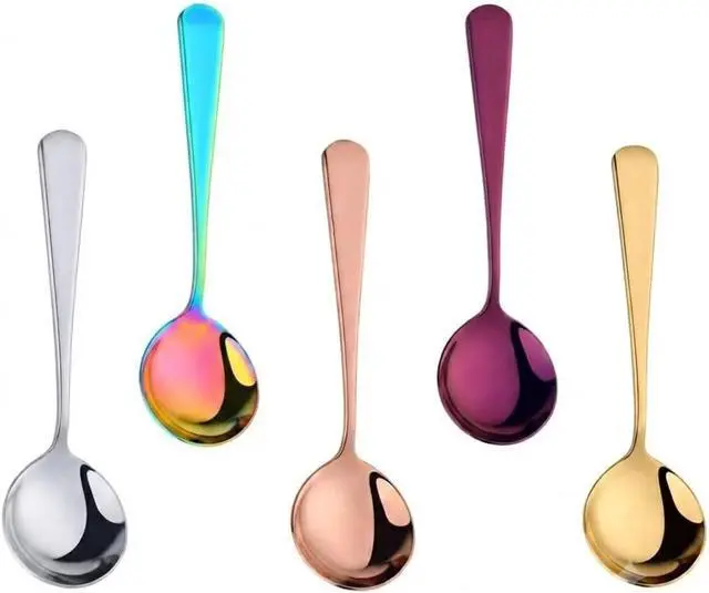 Main image of 5 Color Soup Spoon set, Round Stainless Steel Bouillon Spoons 6-inch Metal Soup Spoon Flatware Set