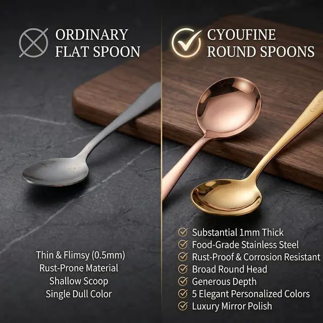 Alt view image 2 of 5 - 5 Color Soup Spoon set, Round Stainless Steel Bouillon Spoons 6-inch Metal Soup Spoon Flatware Set
