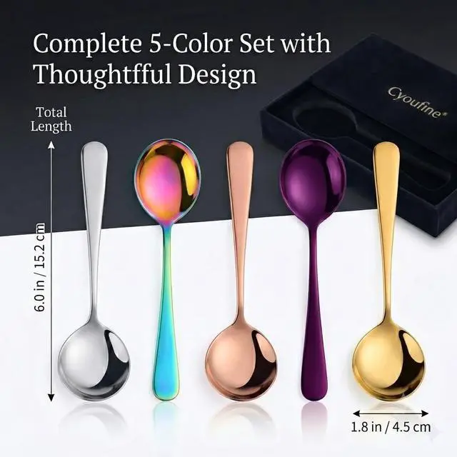 Alt view image 5 of 5 - 5 Color Soup Spoon set, Round Stainless Steel Bouillon Spoons 6-inch Metal Soup Spoon Flatware Set
