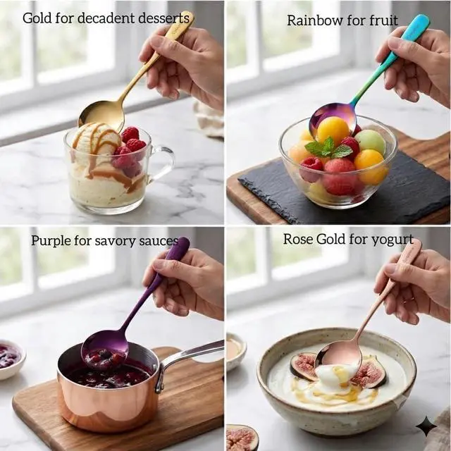 Alt view image 4 of 5 - 5 Color Soup Spoon set, Round Stainless Steel Bouillon Spoons 6-inch Metal Soup Spoon Flatware Set