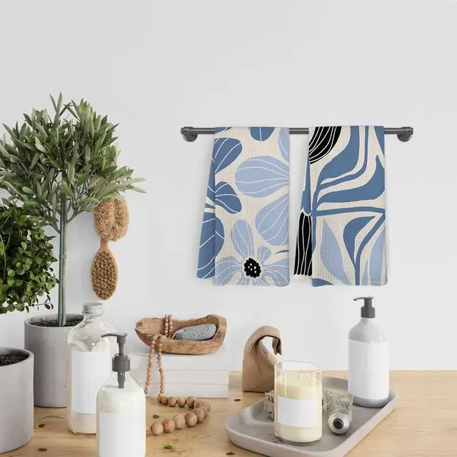 Alt view image 6 of 7 - Boho Blue Floral Kitchen Towels and Dishcloths Set of 2, Light Blue Flowers Hand Towels, Boho Botanical Dish Towels, Blue Flower Decorative Hand Tea Towels for Bathroom Kitchen, 16x24 Inches