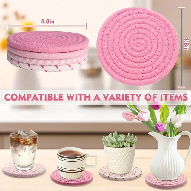 Alt view image 2 of 7 - 4.8 Inch Drink Coasters Set of 4, Large Fabric Cotton Coasters, Cute Girly Absorbent Handmade Woven Coaster, Minimalist Boho Table and Desk Decor, Posavasos for Cups, Gift for Women (Colorful Pink)